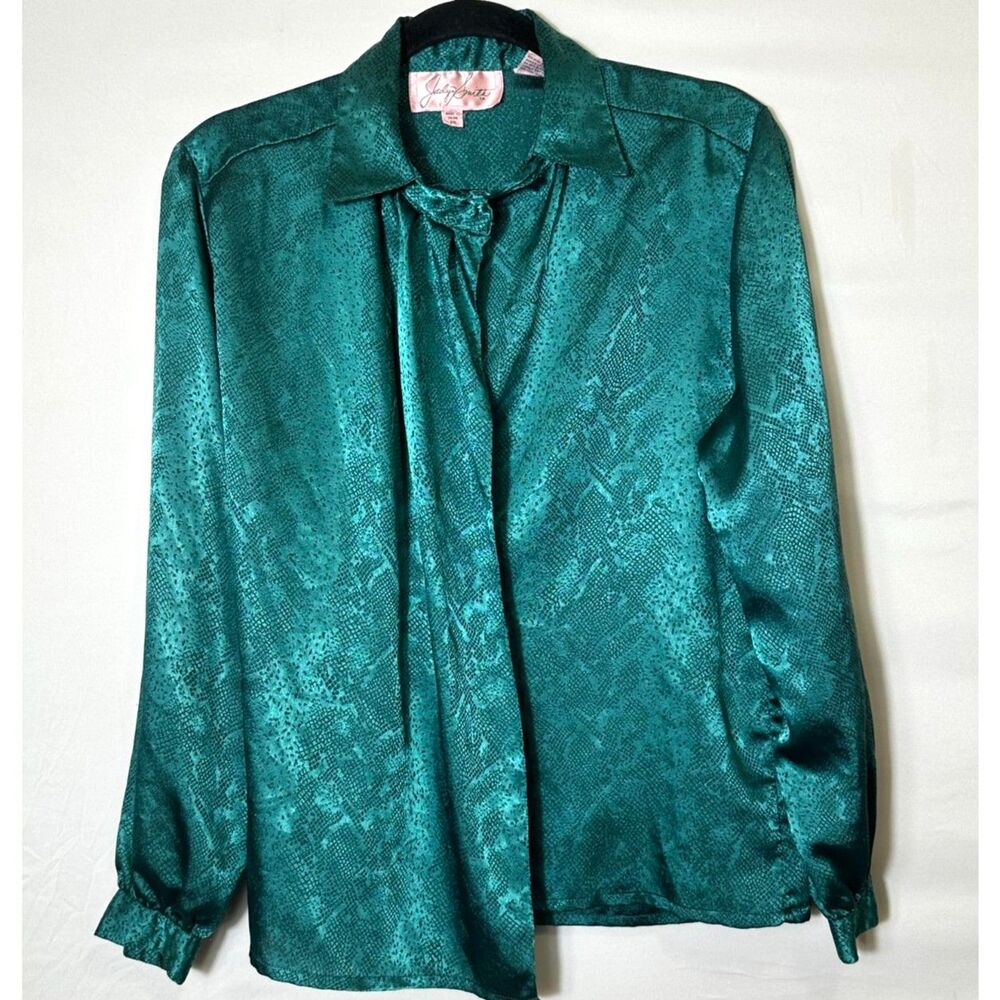 Jaclyn Smith Vintage Emerald Green Faux Snake Skin Pattern Career Blouse Size S